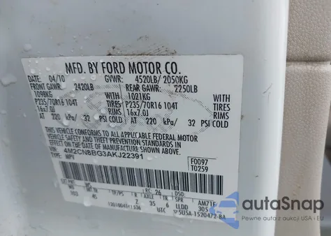 2010 Mercury Mariner из США, поврежденный, VIN 4M2CN8BG3AKJ22391